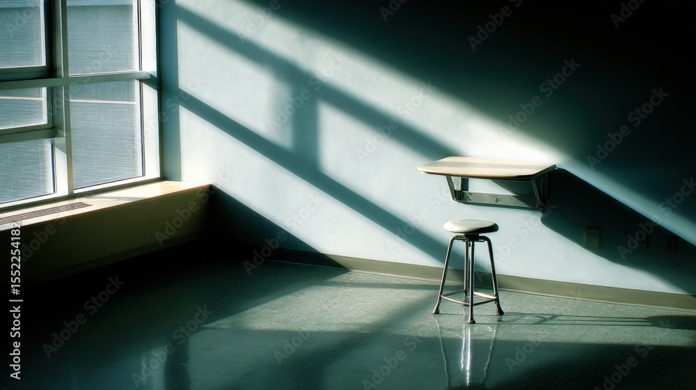 Poster modern minimalist interior scene with large window sunlight shadows piano stool and small table in b