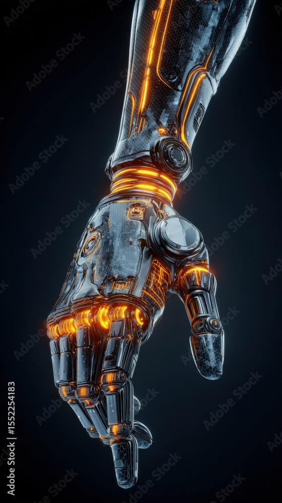 Poster futuristic robotic hand with glowing orange accents reaching downward showcasing advanced technology