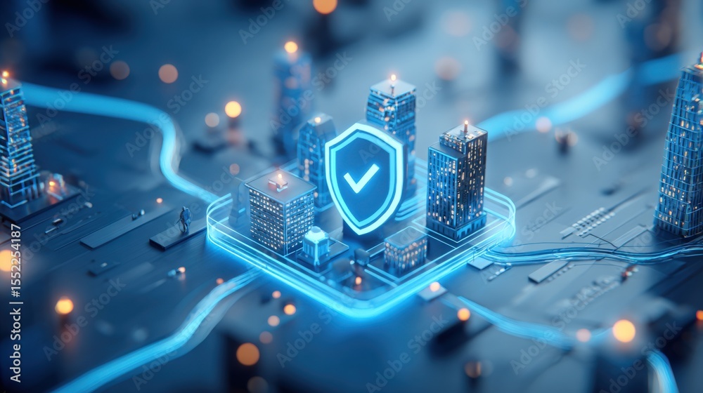 Poster futuristic digital cityscape with glowing blue security shield symbol representing advanced cybersec