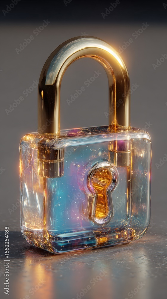 Poster stunning glass padlock with metallic gold shackle and iridescent reflective surface creating a luxur