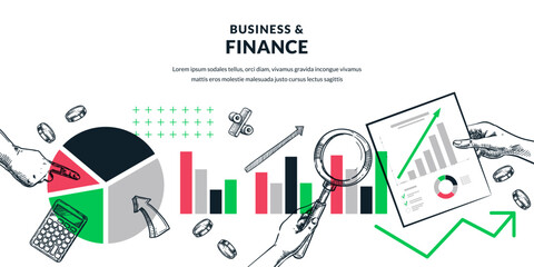 Business statistics, investment and finance vector illustration. Hand holding documents, magnifying lens and pie chart