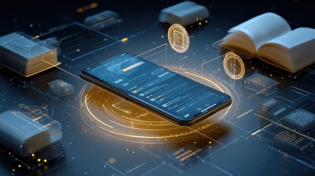 Advanced digital banking and cryptocurrency technology concept featu a smartphone with financial app, digital coins, and open book on futuristic high-tech interface
