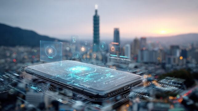 futuristic smartphone with holographic interface and digital icons floating above city skyline at sunset showcasing advanced technology and innovation