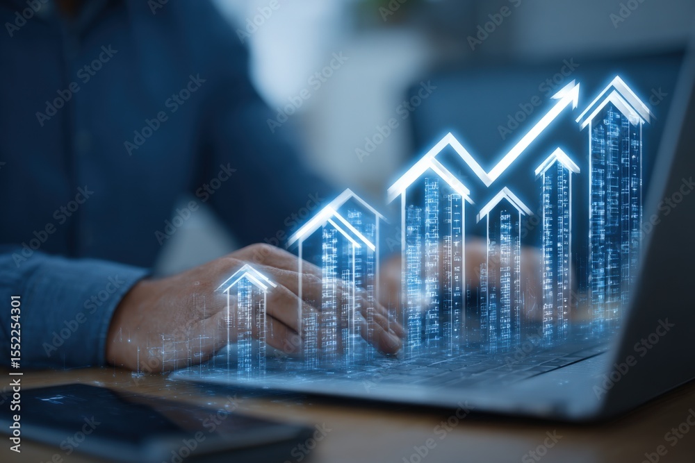 Poster business professional analyzing financial data with digital growing chart and graphs on laptop scree