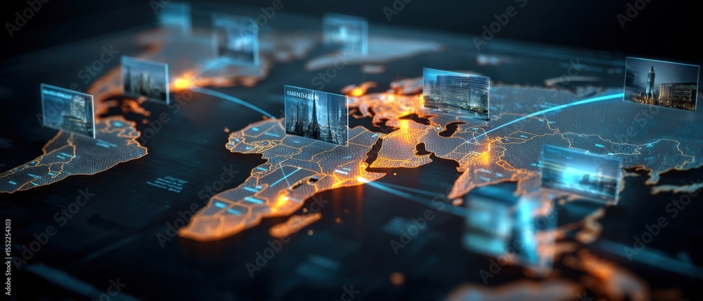 Aufkleber Global Digital Connectivity Concept with Interconnected Virtual Screens Over World Map Showing Data Exchange and Technology Network Visualization