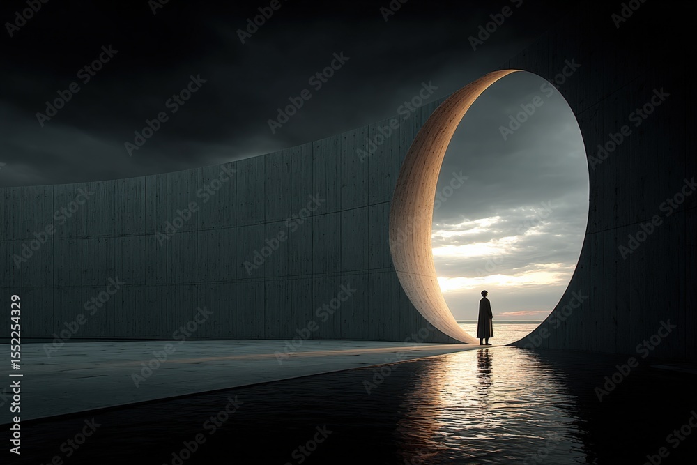 Poster modern architectural structure featu a large circular opening with a silhouette of a person standing