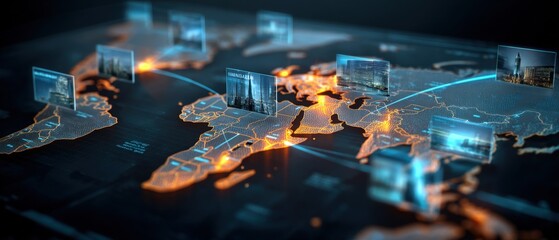 Global Digital Connectivity Concept with Interconnected Virtual Screens Over World Map Showing Data Exchange and Technology Network Visualization