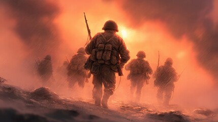 Group of Soldiers in Military Gear Walking Through Fire and Smoke Du Combat or Battlefield Scene at Sunset or Sunrise