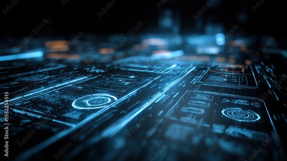 Poster Futuristic digital interface with glowing holographic screens and data hologram visualization in a high-tech environment