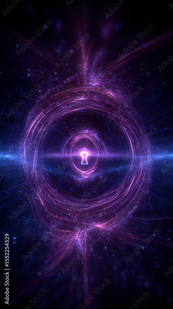 Poster Abstract Digital Visual of a Vibrant Purple and Blue Energy Vortex with Light Circles and Particle Effects in a Cosmic Space Background