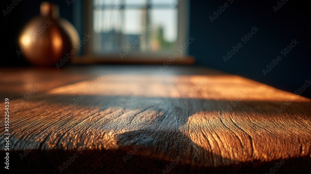 Aufkleber close-up of a rustic wooden table with natural grain texture illuminated by warm sunlight in a cozy 