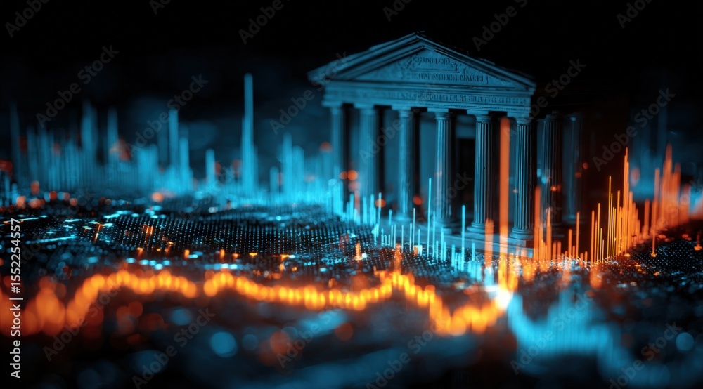 Aufkleber Digital blockchain financial technology stock market with futuristic low light scene of classical architecture and holographic data visualization