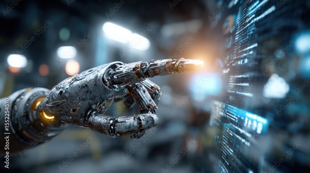 Poster Highly detailed futuristic robot hand interacting with digital holographic interface in a high-tech environment with glowing data displays