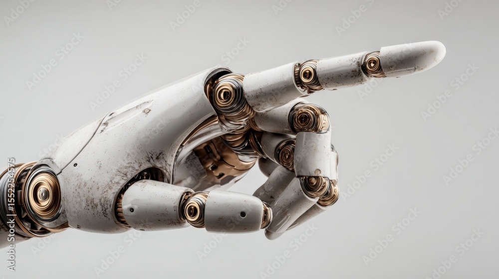 Leinwandbilder Highly detailed robotic hand with intricate joints and mechanisms pointing forward with a clean light gray background emphasizing technology and automation