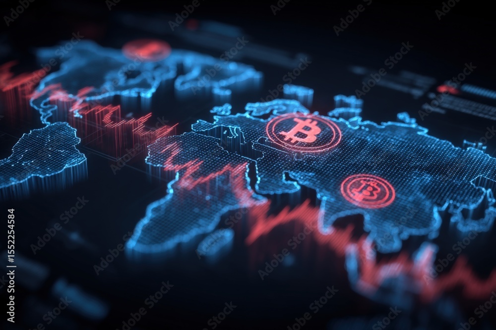 Aufkleber Digital World Map Displaying Cryptocurrency Bitcoin Symbols and Data Visualizations with Neon Blue and Red Lighting for Financial Technology Concept