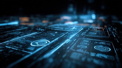 Futuristic digital interface with glowing holographic screens and data hologram visualization in a high-tech environment