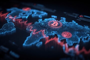 Digital World Map Displaying Cryptocurrency Bitcoin Symbols and Data Visualizations with Neon Blue and Red Lighting for Financial Technology Concept