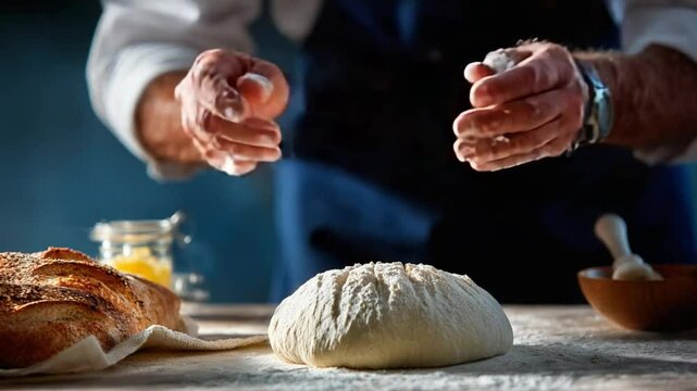 Artisan Baker's Touch: A close-up view of hands delicately dusting flour over a dough, crafting a perfect loaf. Emphasizing the craft, the tactile process, and the essence of food.