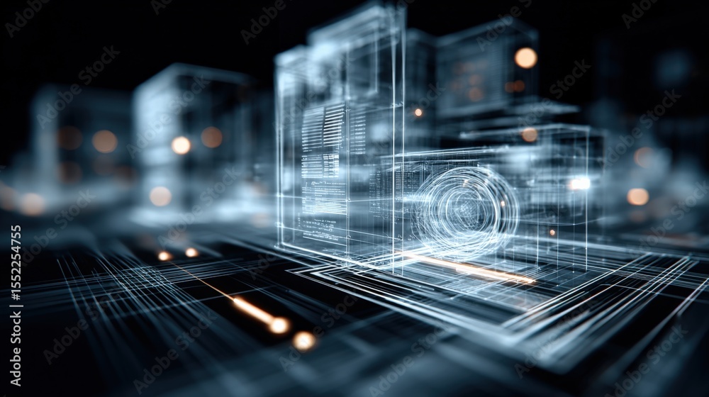 Poster Futuristic digital hologram of a smart home with transparent architectural elements and glowing interface panels in a high-tech environment
