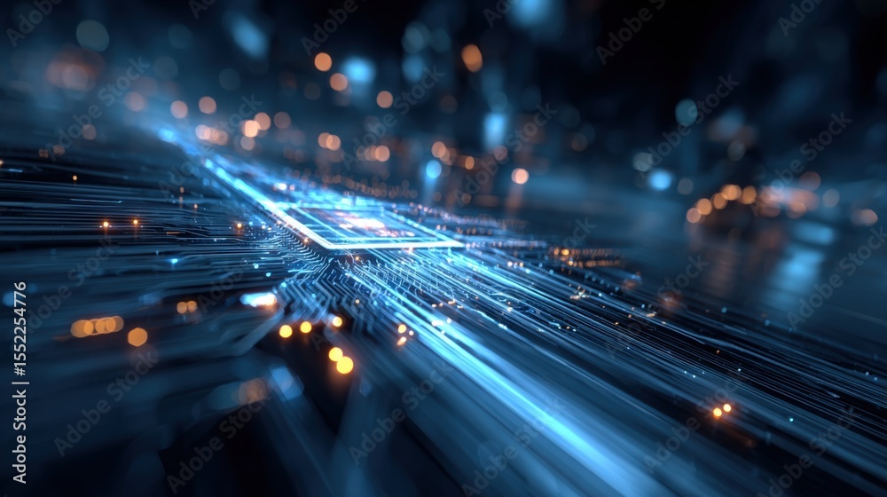 Aufkleber Futuristic digital technology concept with glowing blue circuitry and data streams representing innovation and connectivity in a high-tech environment