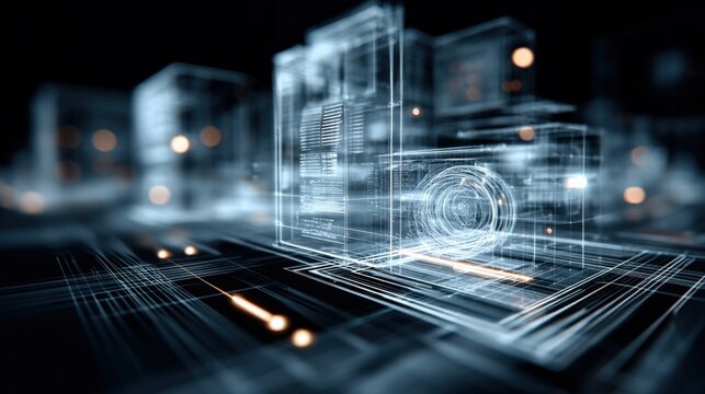 Futuristic digital hologram of a smart home with transparent architectural elements and glowing interface panels in a high-tech environment