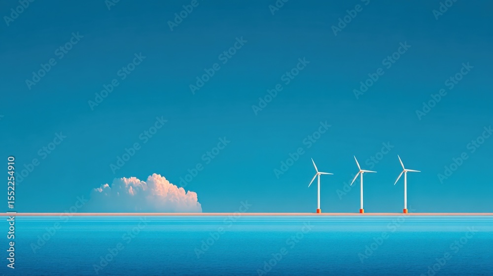 Poster wide-angle view of wind turbines installed in the ocean under clear sky with calm water surface du d