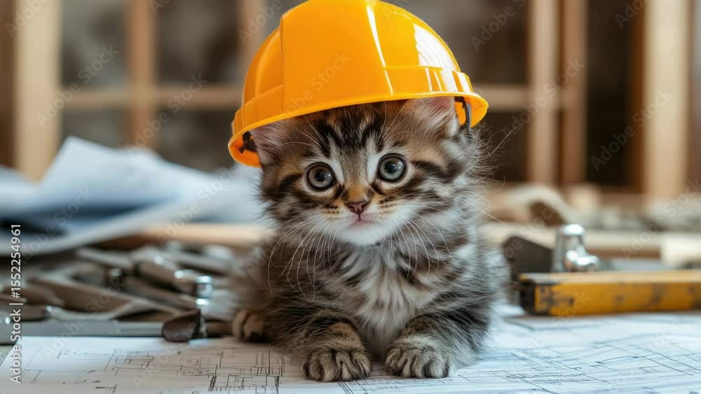Poster a curious kitten wears a hard hat while sitting on top of construction plans, a unique and playful s