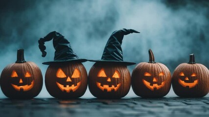 A row of carved pumpkins adorned with witches' hats, perfect for Halloween decorations or spooky themed events
