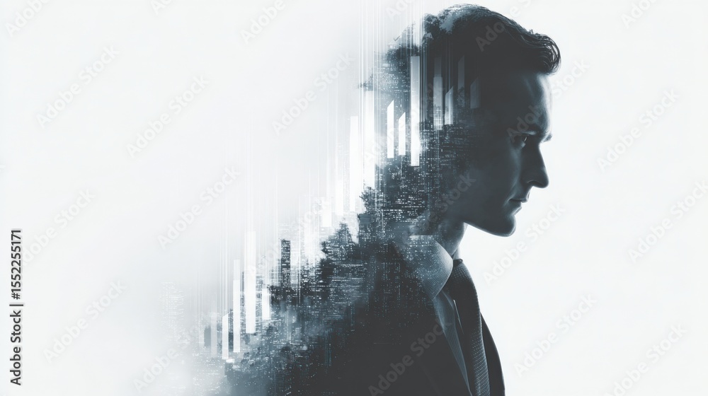 Aufkleber Futuristic digital art of a young man's silhouette with data visualization elements and abstract technology background in monochrome style