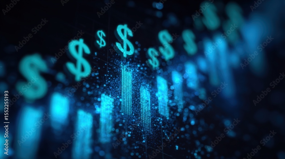 Poster digital financial chart with glowing dollar signs and rising bar graph representing economic growth 