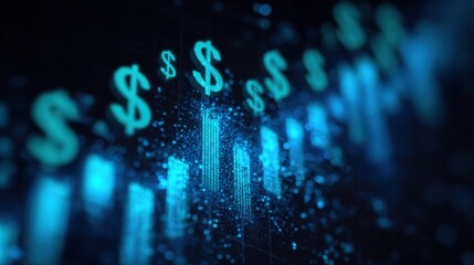 Digital financial chart with glowing dollar signs and rising bar graph representing economic growth and investment trends in a futuristic glowing blue style