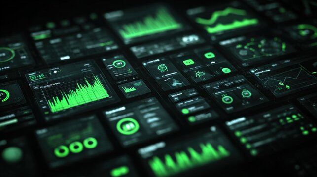 Advanced digital stock market trading interface with various graphs and real-time data analytics on multiple screens in dark mode