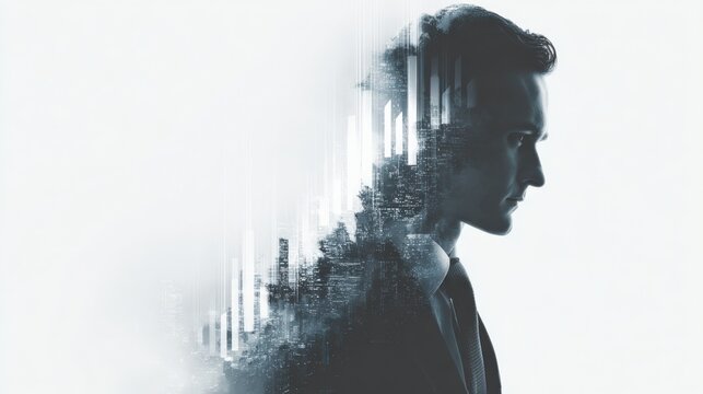 Futuristic digital art of a young man's silhouette with data visualization elements and abstract technology background in monochrome style