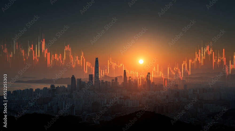 Poster spectacular cityscape at sunset with vibrant skyline and a digitally enhanced surrounding data wavef