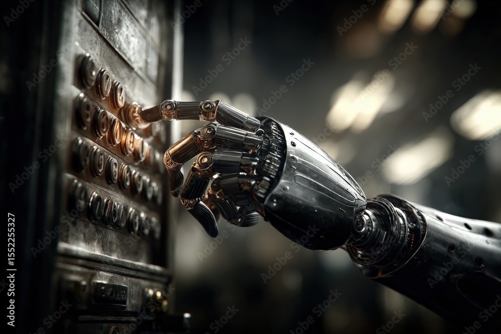 Aufkleber Close-up of a robotic hand with metallic fingers interacting with a control panel in a high-tech futuristic environment, showcasing advanced robotics and automation