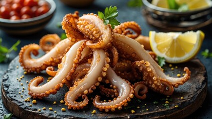 Deep Fried Crispy Squid Tentacles Served With Fresh Lemon and Traditional Tapas