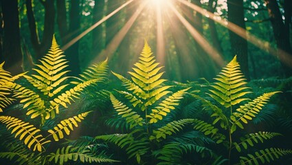Background or texture from big leaves of green fern in beams of the sun in middle the wood