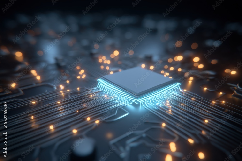 Aufkleber Close-up of a modern computer microchip on a circuit board with glowing electronic connections and vibrant illuminated background