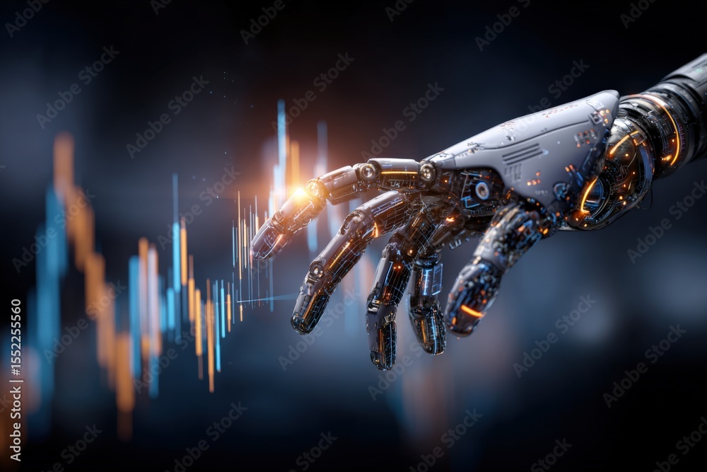 Aufkleber Futuristic robot hand interacting with digital financial charts and data visualization in a high-tech environment with glowing lights and advanced technology