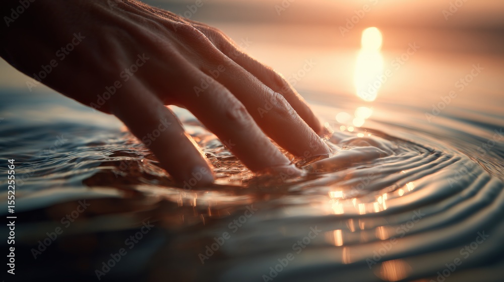 Poster close-up of a person's hand touching water du sunset with warm sunlight reflecting on the surface an