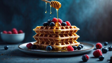 A stack of waffles decorated with berries and honey pouring from above on a plate on a table.