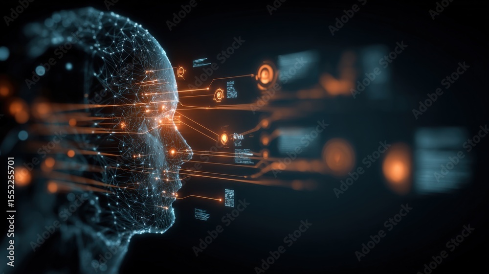 Leinwandbilder Futuristic digital artificial ligence human head side profile with glowing data points network and virtual interface elements in dark background