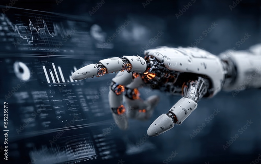 Aufkleber Futuristic robotic hand interacting with transparent digital interface displaying data and charts in a high-tech environment