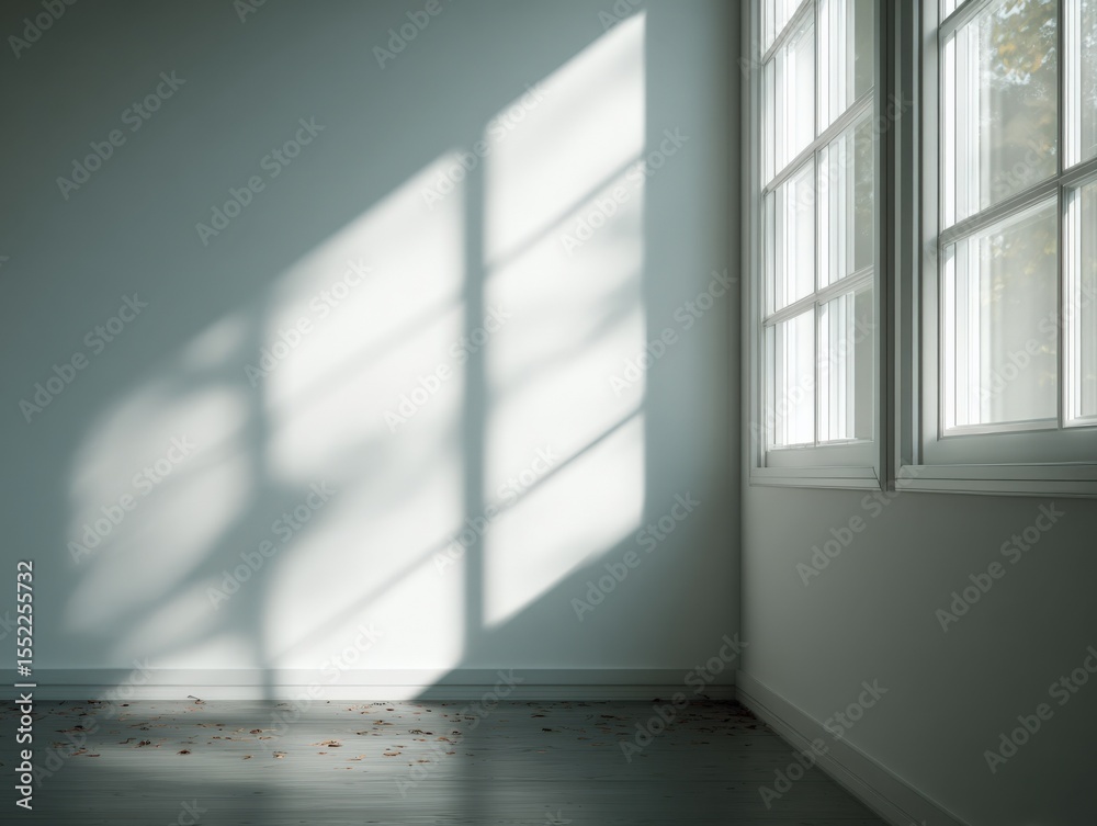 Poster Bright Sunlight Casting Shadows Through Large Windowpanes in Empty Room with Wooden Floor and Minimalist Interior Design