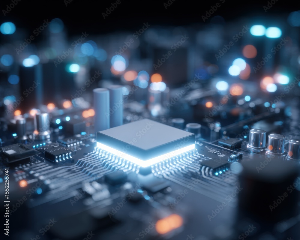 Poster Close-up view of a modern computer motherboard with glowing integrated circuit chip and electronic components illuminated in blue lighting