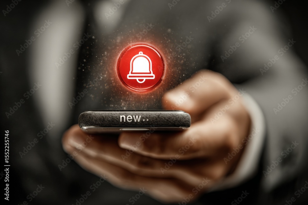 Poster Close-up of a person holding a smartphone with a glowing red notification bell icon and sparkles above the device, digital alert concept