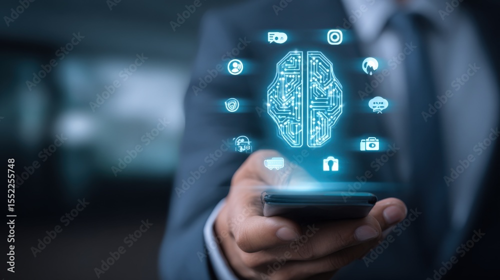 Poster Advanced technology artificial ligence concept with futuristic brain graphic on mobile device in business attire