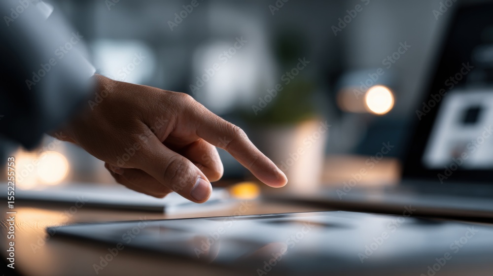 Leinwandbilder Close-up of a person's hand touching a digital tablet with a blurred office background showing a computer monitor and workspace setting