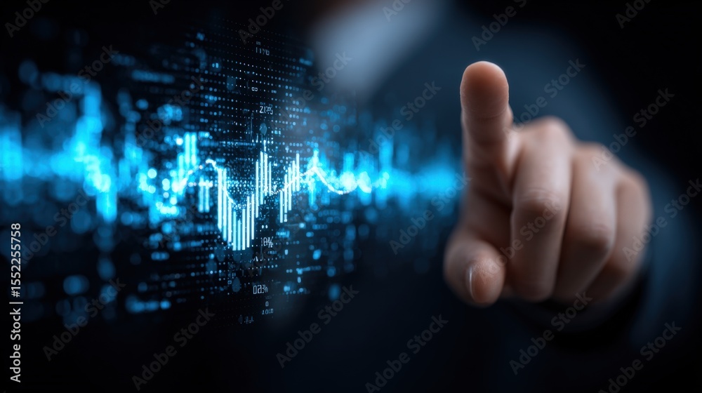Leinwandbilder Modern digital technology concept with a hand interacting with glowing data streams and graphs representing data analytics and futuristic innovation