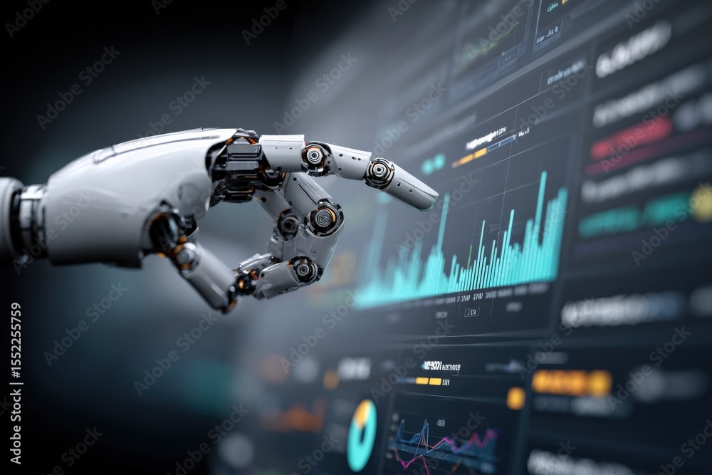 Aufkleber Advanced robotic hand with multiple joints and sensors interacting with futuristic digital interface displaying colorful data charts and analytics
